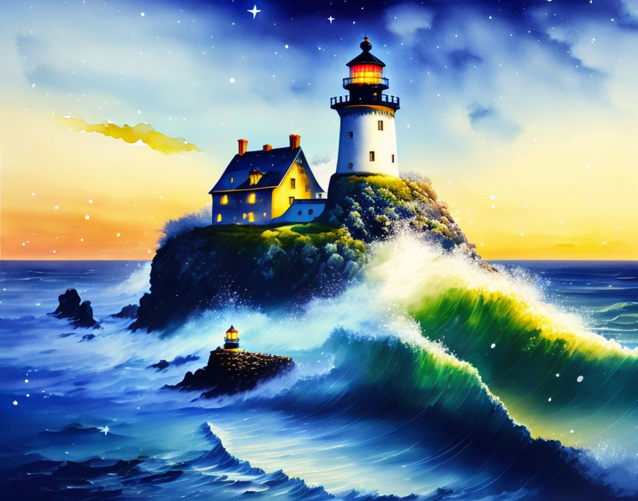 Digital art: Lighthouse on cliff with house, sea wave, starry sky