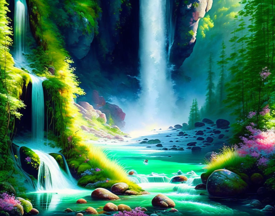 Colorful digital artwork: Mystical waterfall in serene pond