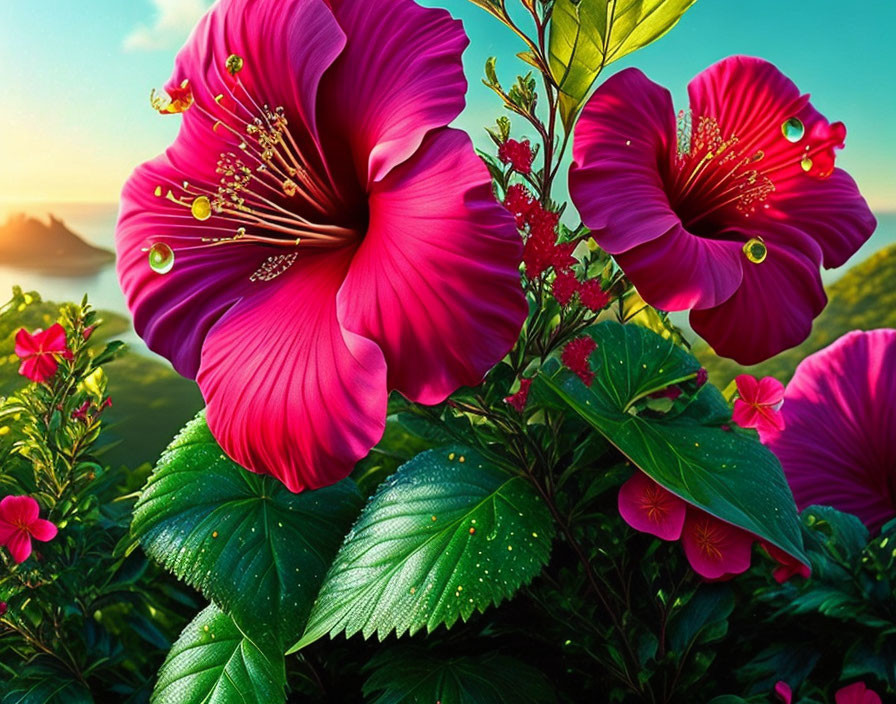 Pink Hibiscus Flowers with Stamens, Green Leaves, and Sunrise over Ocean