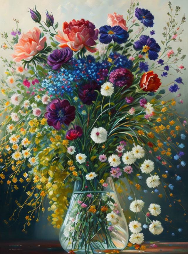 Colorful Flower Arrangement in Glass Vase Painting