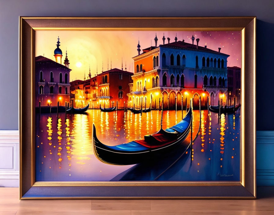 Venetian canal painting with gondolas at twilight