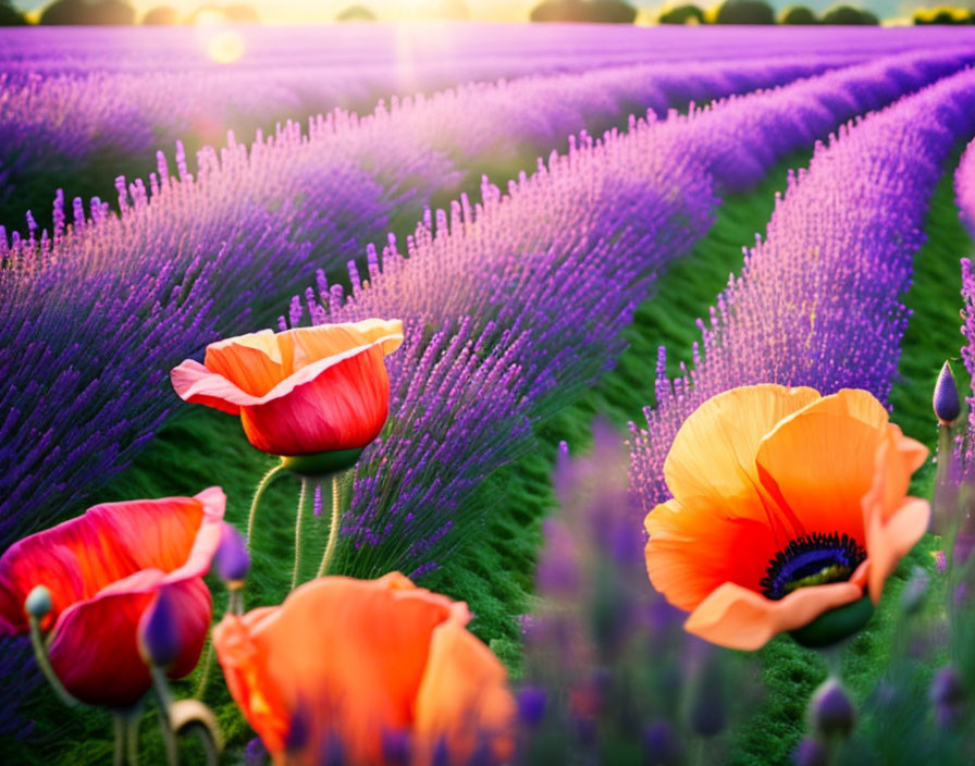 Lavender fields and red poppies at sunset