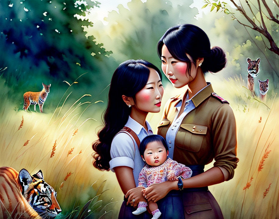 Artwork featuring two women, child, tigers, and butterflies in serene nature with military and civilian