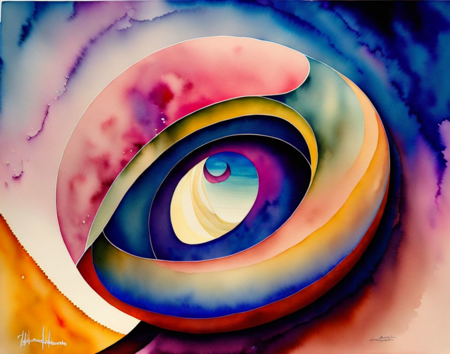 Colorful Abstract Watercolor Painting with Eye-Like Swirls