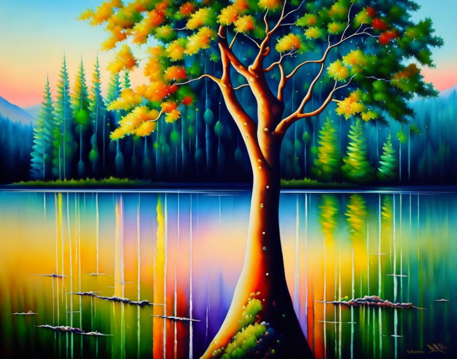 Colorful Tree Painting by Lake with Twilight Sky