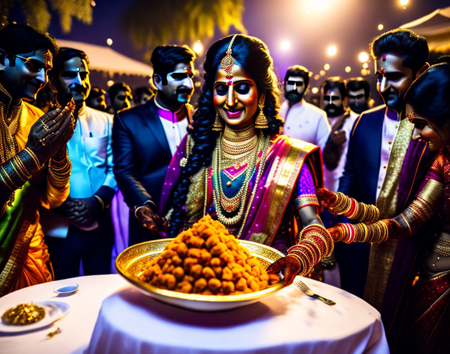Traditional Indian Wedding Ceremony with Bride Performing Ritual surrounded by Guests in Formal Clothing