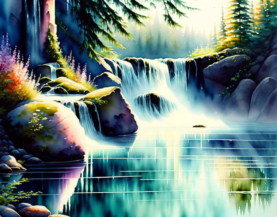Tranquil waterfall digital painting with lush greenery