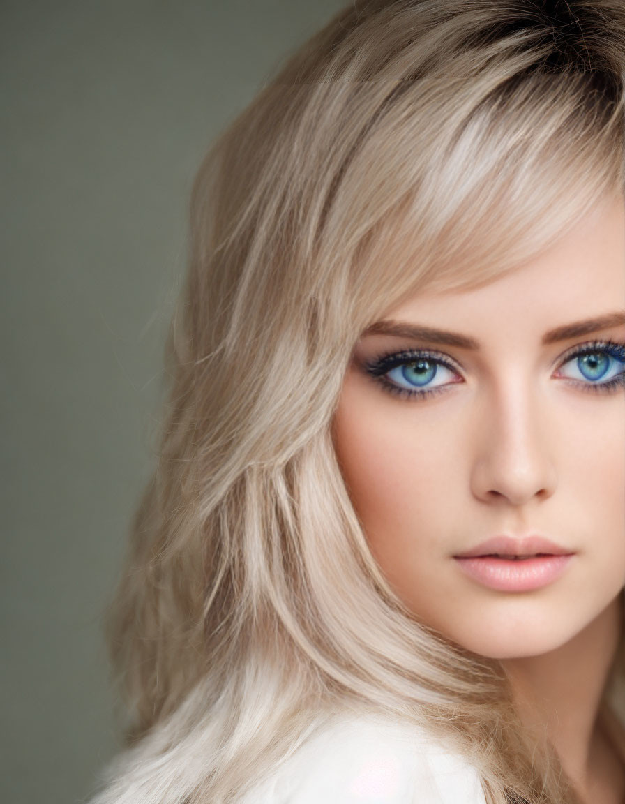 Blonde Woman with Striking Blue Eyes and Light Makeup on Neutral Background
