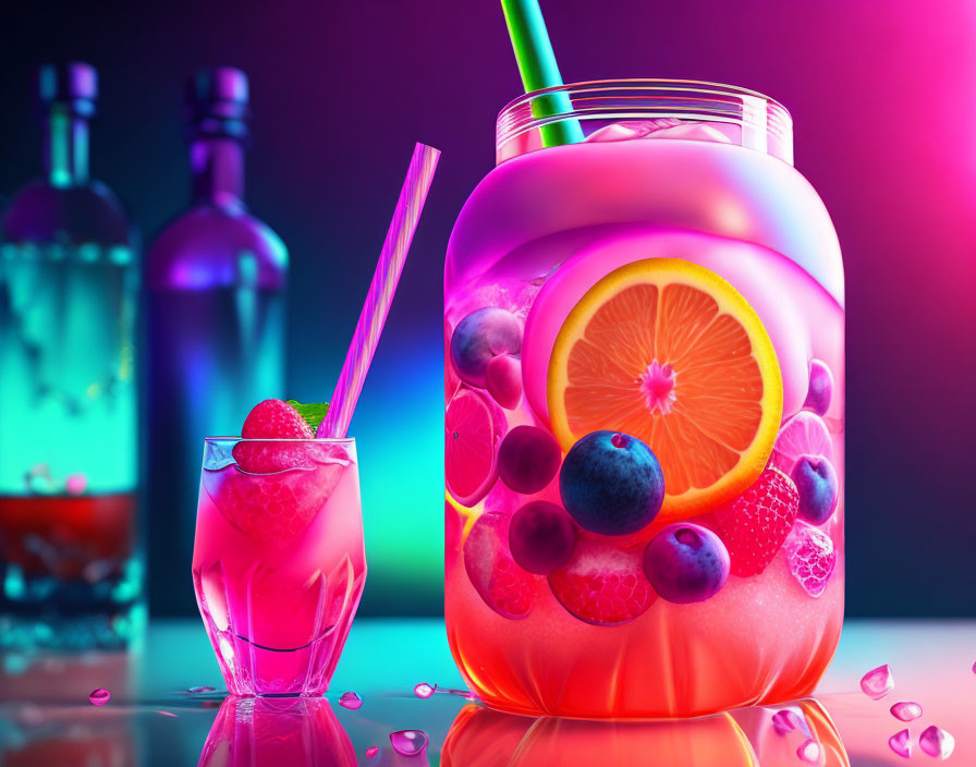Colorful Cocktail in Mason Jar with Orange Slice, Berries, and Ice