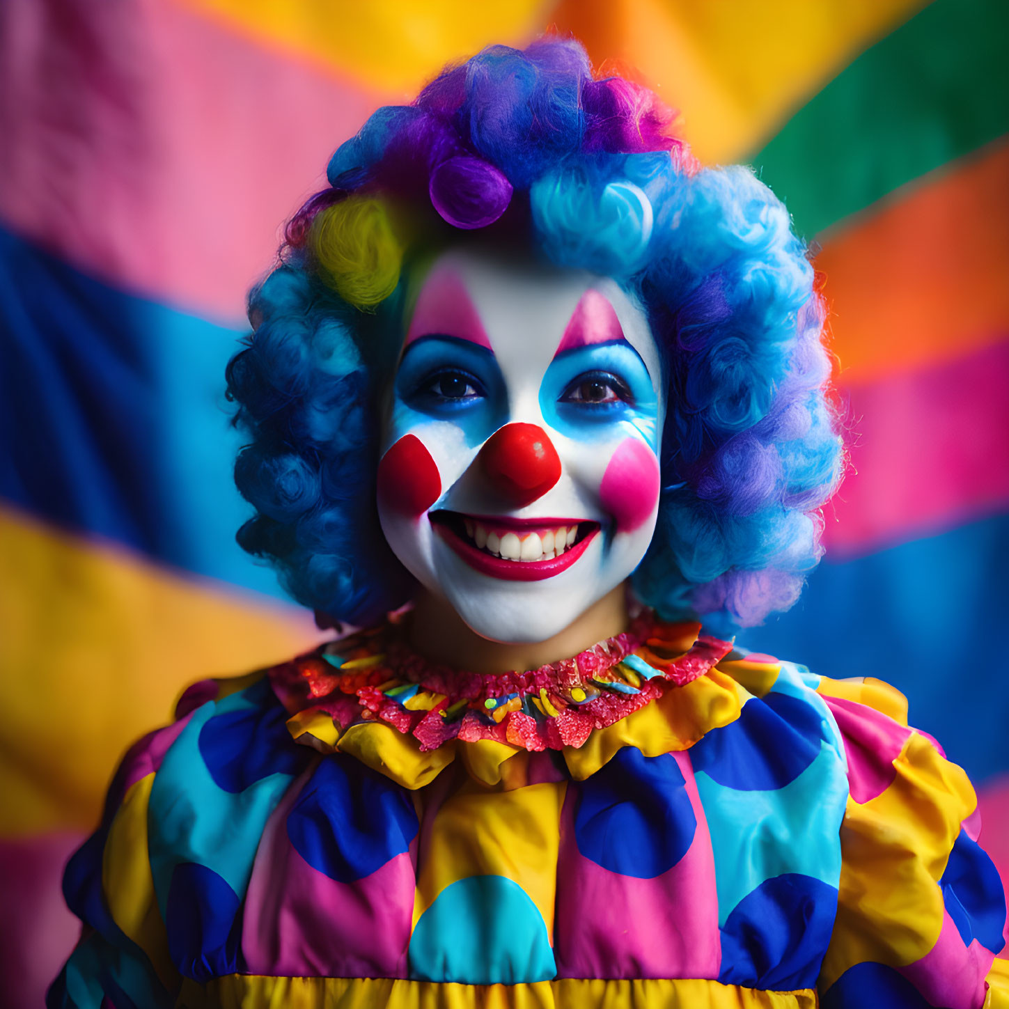 Colorful Clown in Vibrant Background: A person in clown makeup and costume against a multicolored