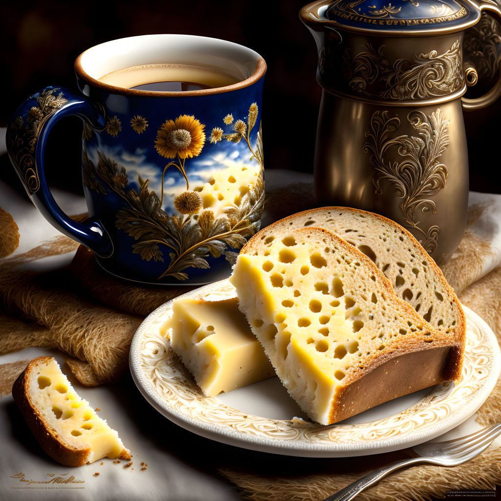 Bread, cheese and black coffee