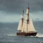 Tall ships with full sails in stormy sea waters