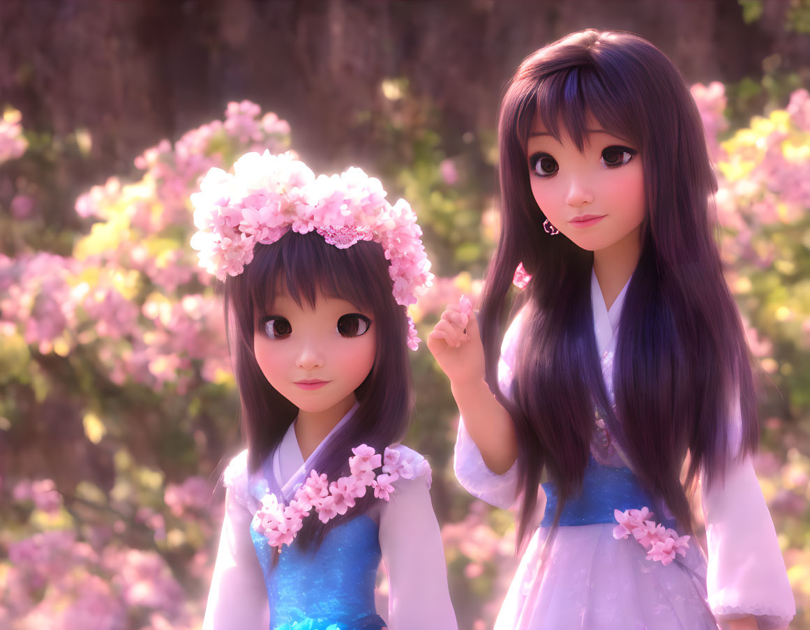 Two animated girls in flower crowns and traditional dresses surrounded by pink blossoms