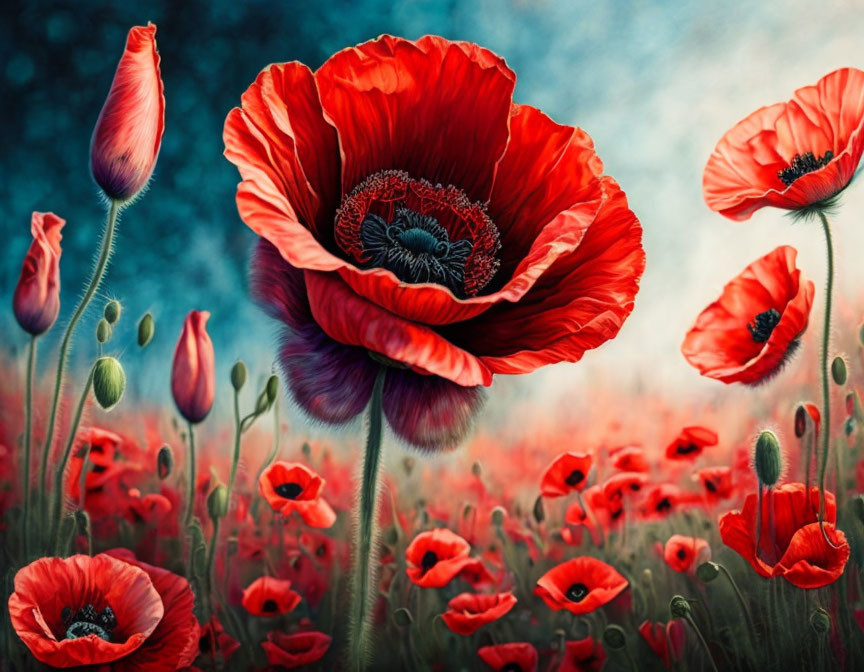 Detailed Red Poppy Field Against Dreamy Blue Background