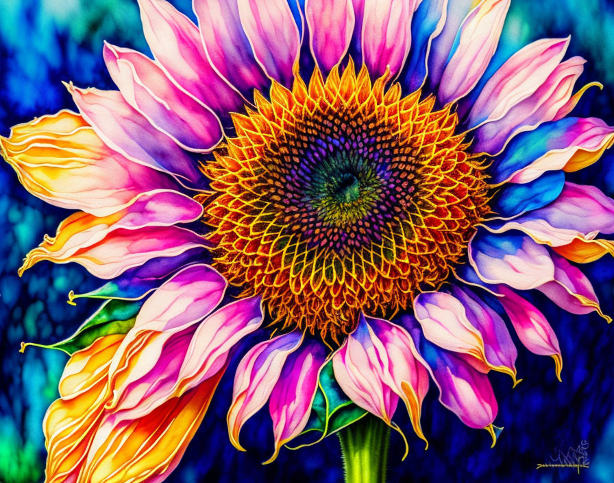 Colorful Sunflower Painting with Pink and Yellow Petals on Blue Background