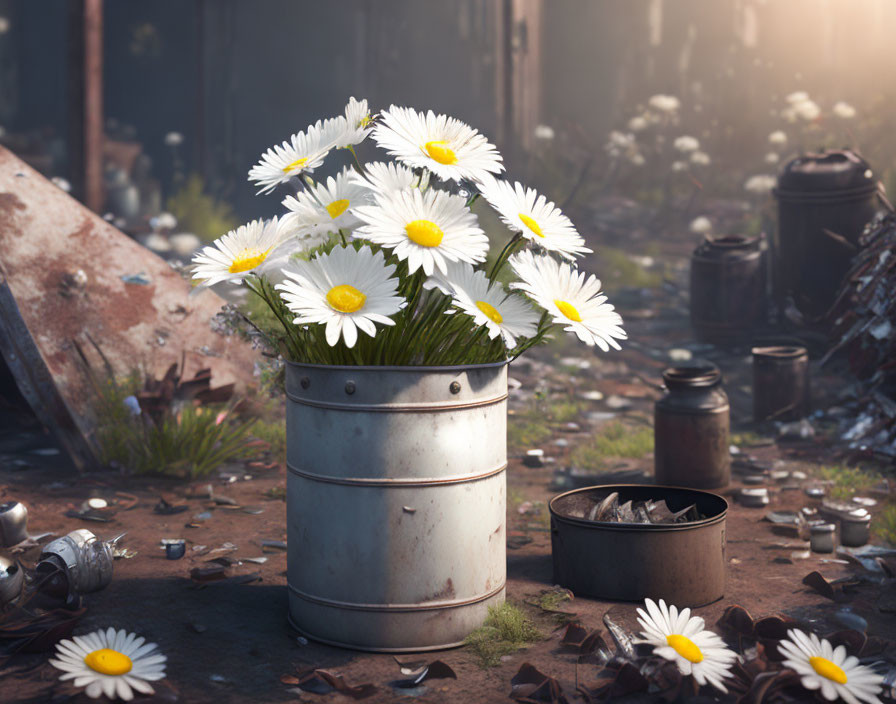 Daisies bouquet in metal pot on rustic background
