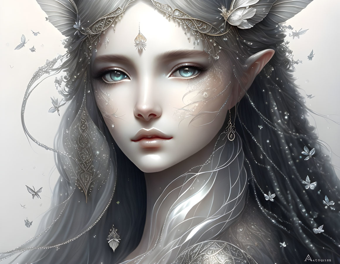 Ethereal elf with blue eyes and silver jewelry in mystical setting