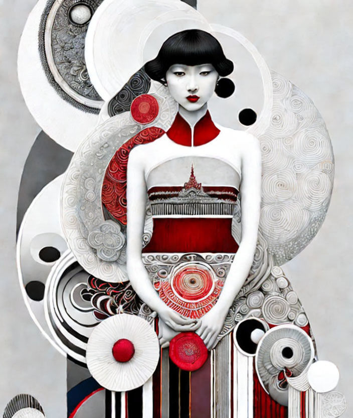 Monochromatic female figure with red accents in intricate circular patterns