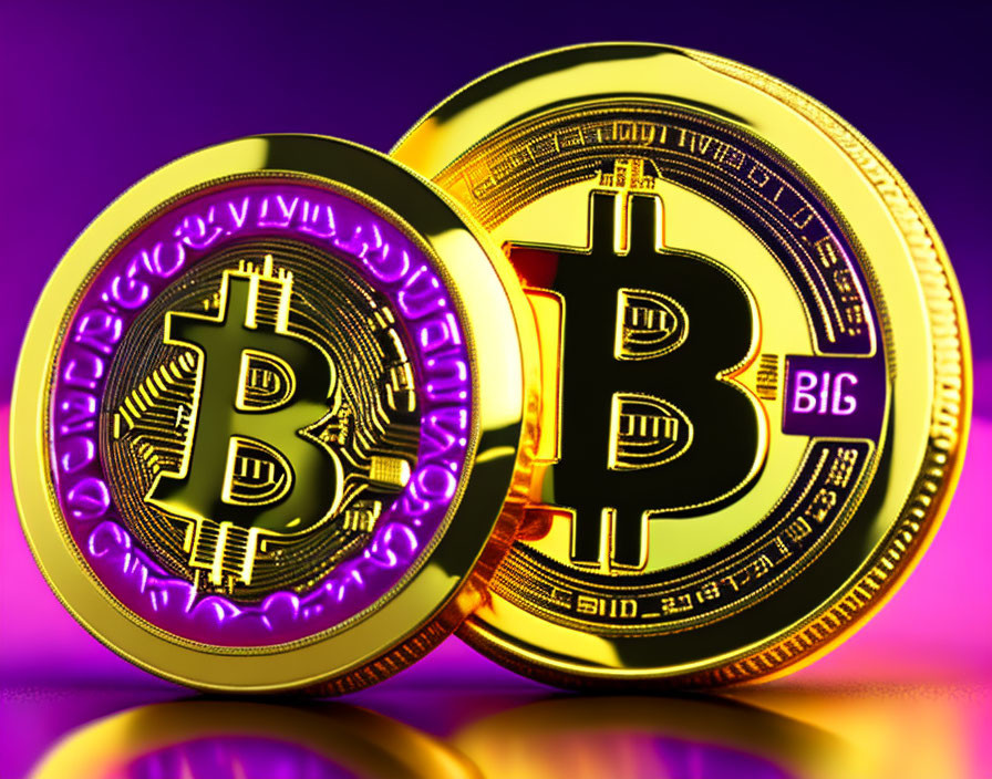 Golden Bitcoin Tokens on Reflective Purple and Pink Background