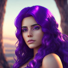 Digital illustration: Woman with purple hair and blue eyes between blurred tree trunks