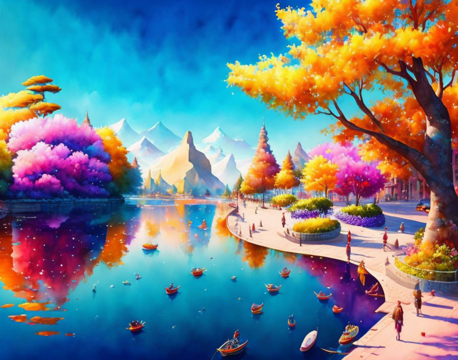 Colorful Fantasy Landscape with Autumn Trees, River, and Mountains