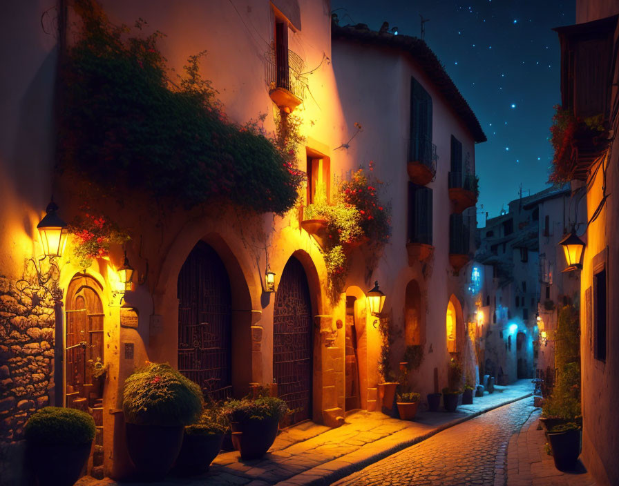 Twilight scene: cobblestone street, warm street lights, starry sky, hanging plants