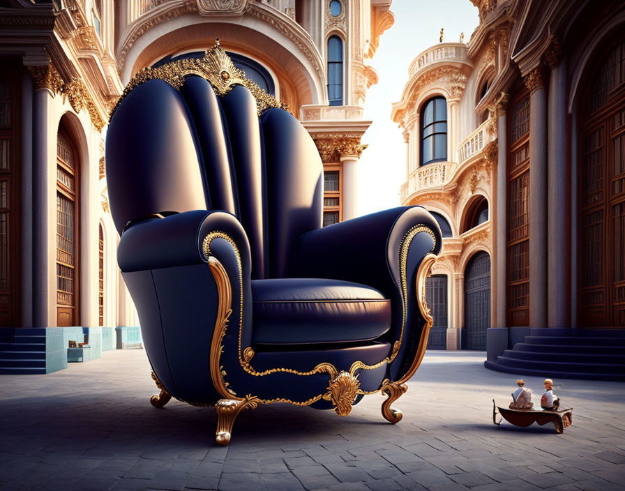 Grand Royal Blue and Gold Throne in Elegant Courtyard with Tiny Figures in Boat