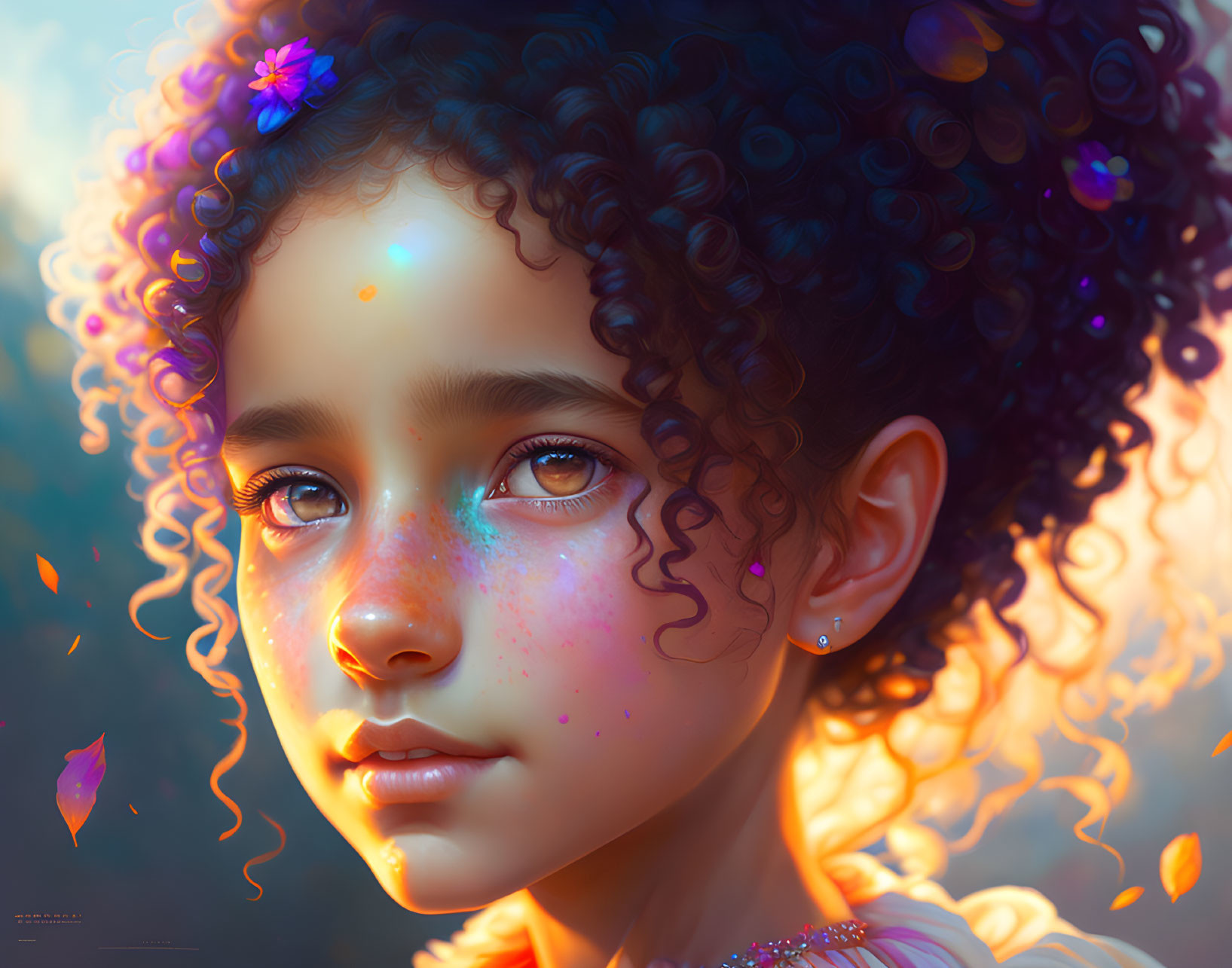 Digital artwork featuring girl with curly hair, sunlight, sparkles, and leaves.