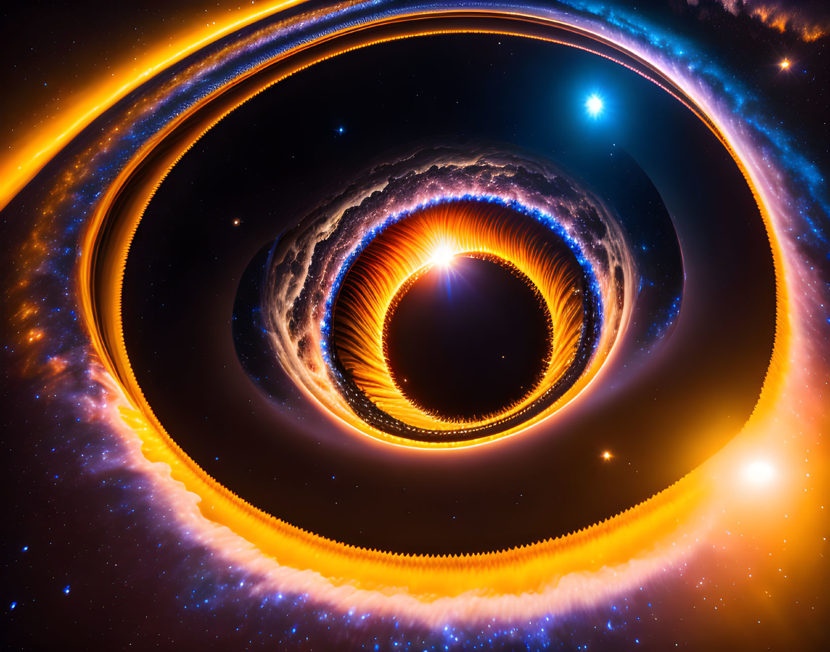 Digital art: Black hole with glowing accretion disks and celestial bodies