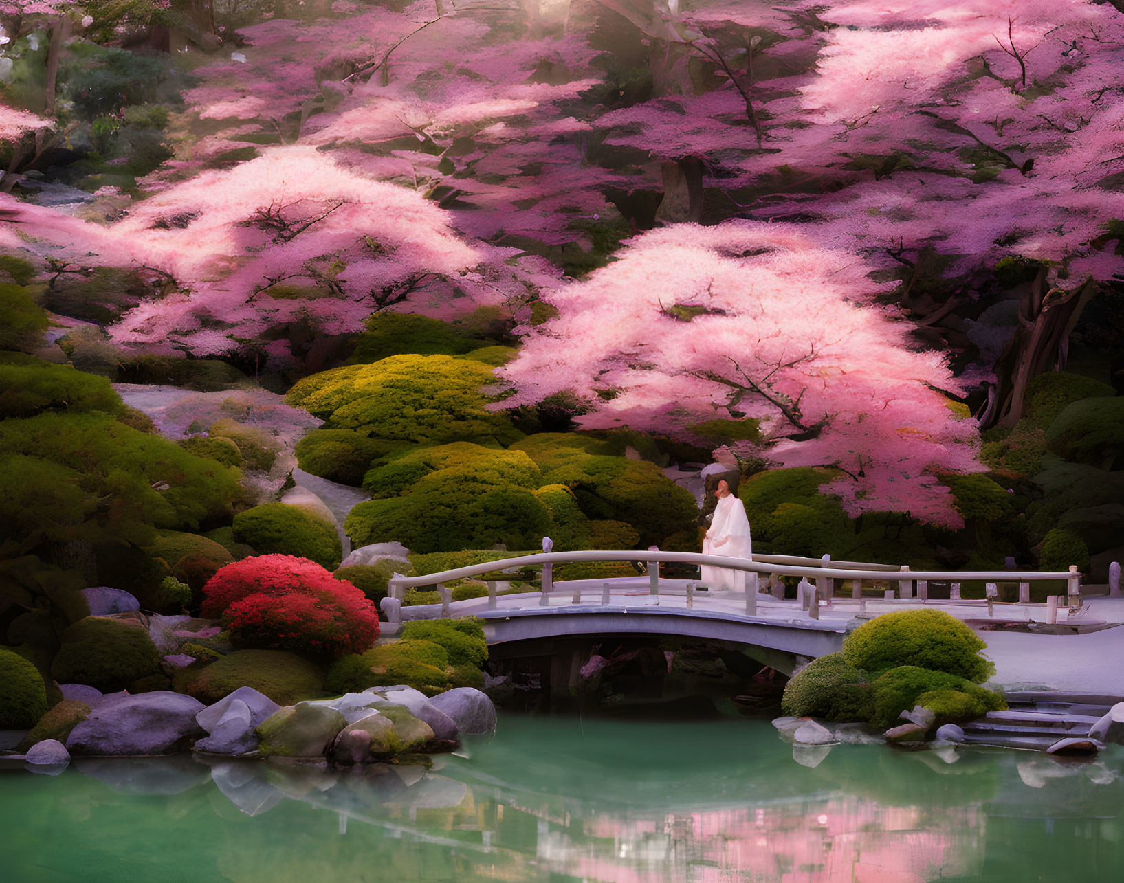 Tranquil garden with pink cherry blossoms, lush greenery, serene pond, and person on