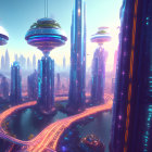 Futuristic city-scape with sleek skyscrapers and flying saucer-like structures
