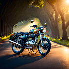 Vintage Motorcycle on Tree-Lined Road at Sunrise