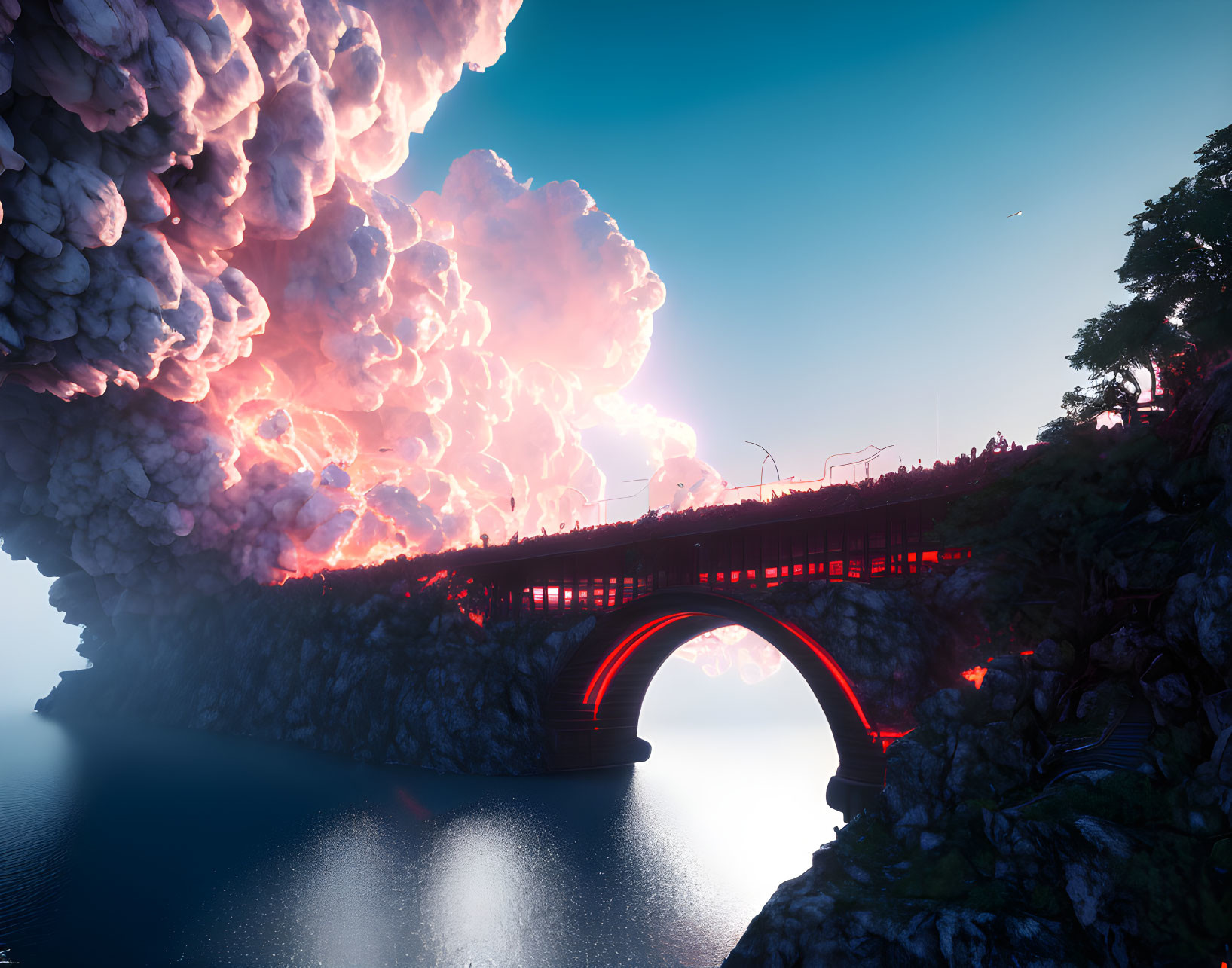 Illuminated bridge over calm water at dusk with fiery cloud explosion