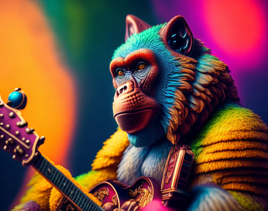 Colorful Monkey Playing Guitar in Stylized Artwork
