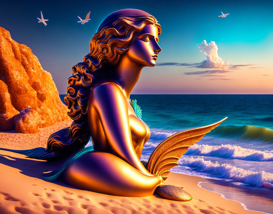 Colorful Mermaid Illustration on Beach at Sunset