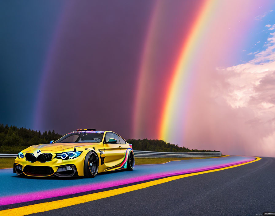 Golden Modified Sports Car on Vibrant Rainbow Road Under Double Rainbow
