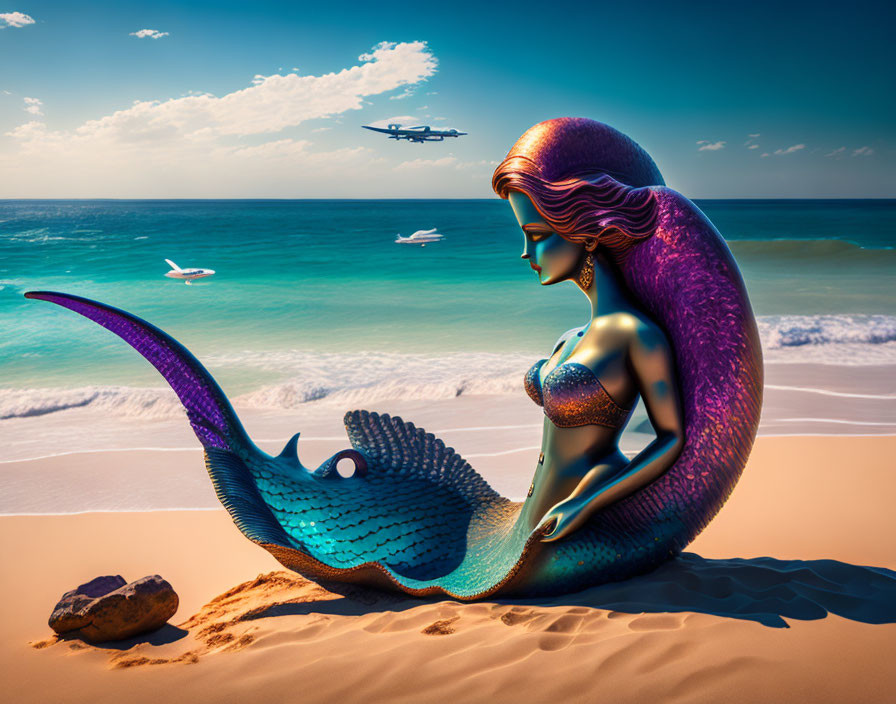 Colorful mermaid on sandy beach gazes at sea with boats and flying craft