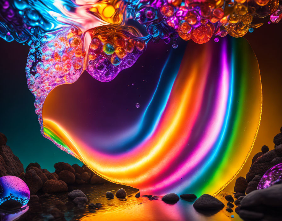 Colorful liquid waves with bubbles under neon lights