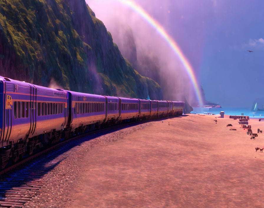 Coastal train journey with rainbow, cliffs, and sea at sunset