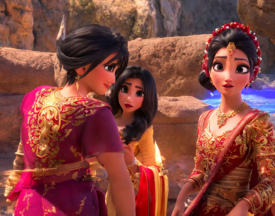 Three animated characters in traditional Indian attire amidst rocky backdrop