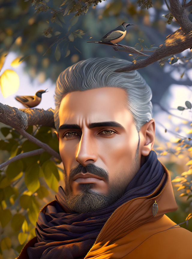 Digital portrait of a man with grey hair and beard, wearing a scarf, under a tree with birds