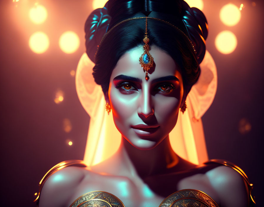 Digital artwork of woman with dramatic makeup and ornate headpiece in golden lights