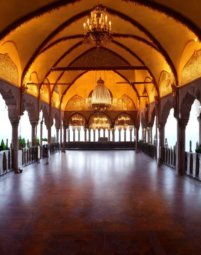 Opulent Hall with Arched Doorways and Chandeliers in Mughal Architecture