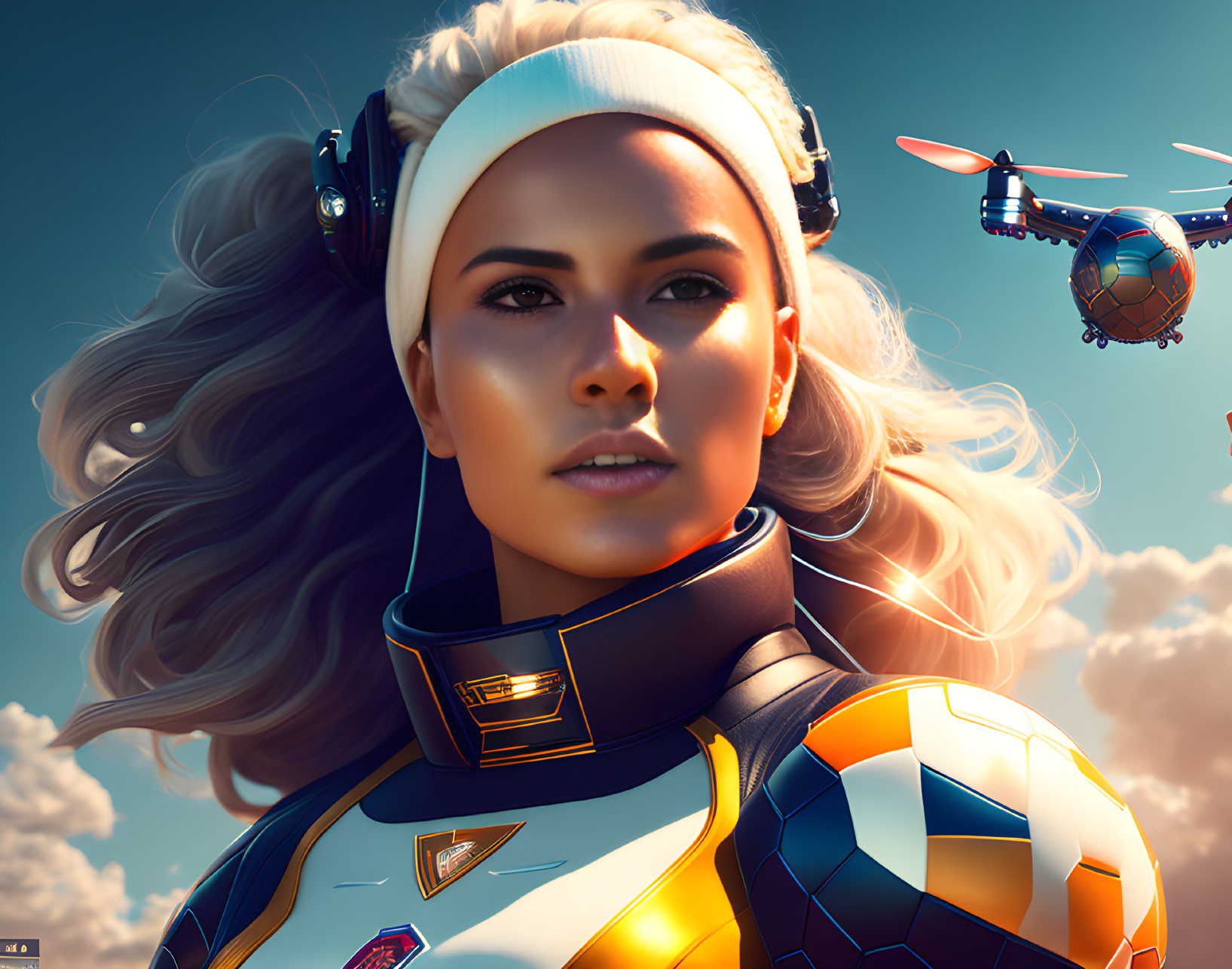 Futuristic digital artwork of woman in sportswear with drone and vibrant sky