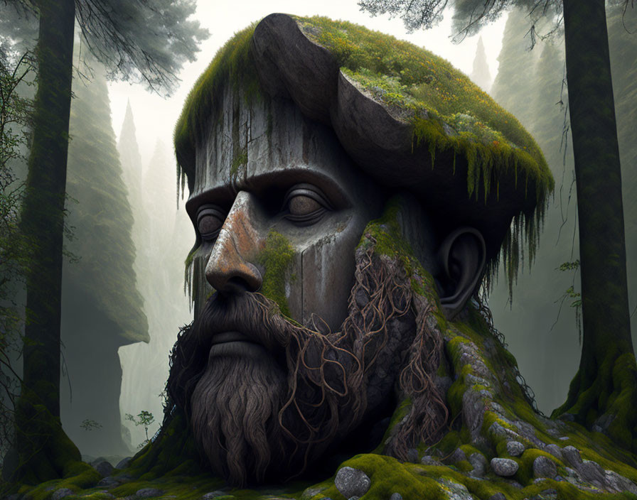 Moss-Covered Stone Sculpture of Bearded Man in Misty Forest