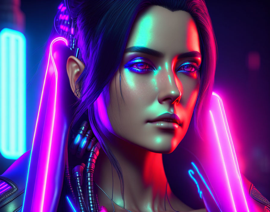 Futuristic portrait of woman with neon makeup and cyborg enhancements