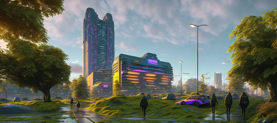 Futuristic dawn cityscape with skyscrapers, purple car, and greenery