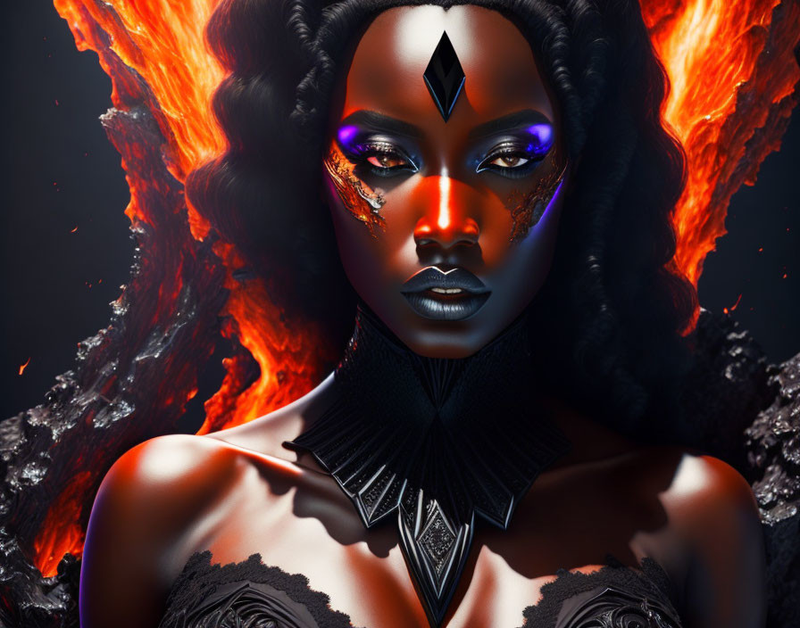 Vibrant digital artwork featuring woman with dark skin and fiery orange hair.