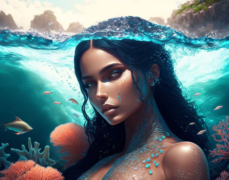 Dark-haired woman in water surrounded by fish, coral, and crashing waves