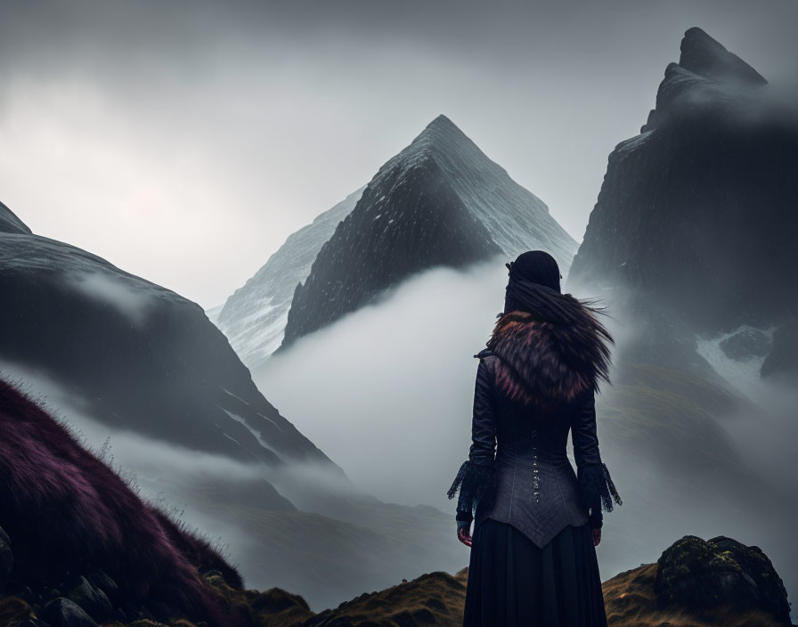 Person in Dark Coat with Fur Collar Amidst Misty Mountain Peaks